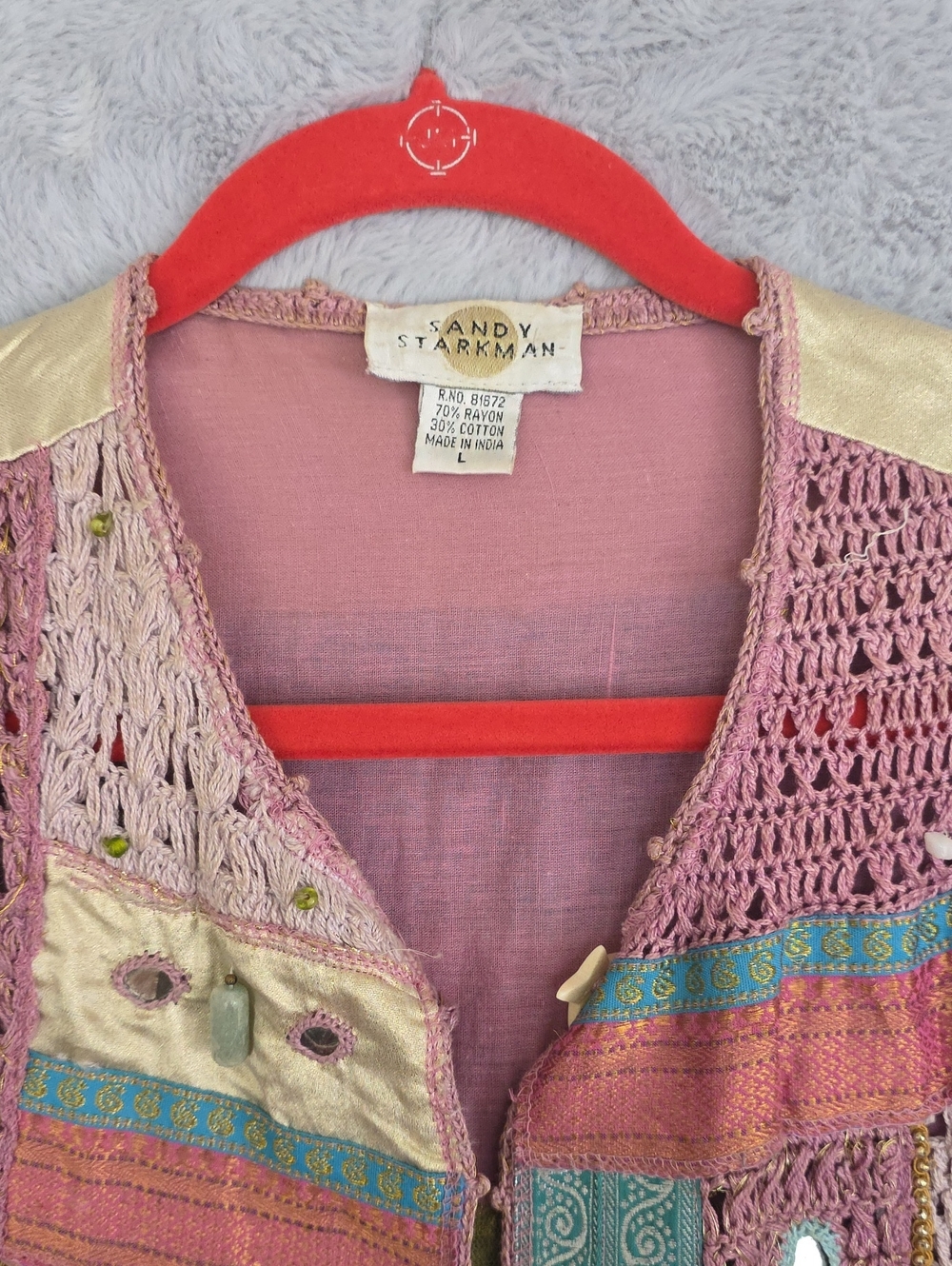 Sandy Starkman Pink Crochet Beaded Boho Vest - Picture 2 of 10